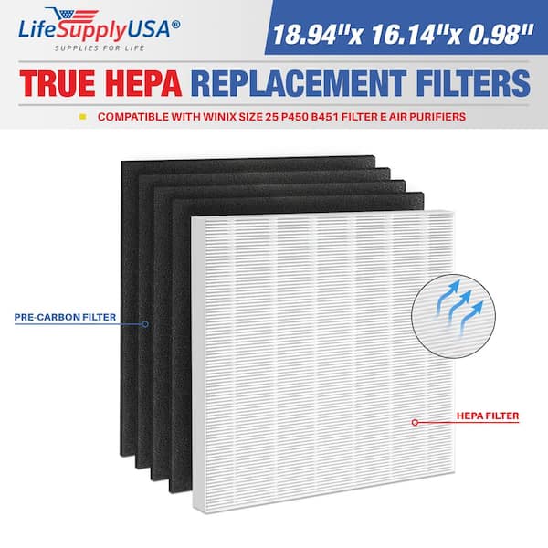 LifeSupplyUSA 1-True HEPA Air Cleaner Replacement Filter plus 4-Carbon Filters Set Compatible with Winix Size 25 P450 B451 Filter E