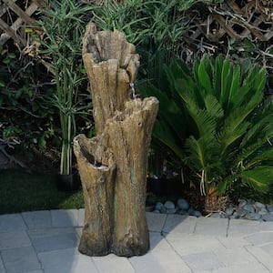 39 in. Tall Outdoor 3-Tier Cascading Tree Bark Water Fountain with LED Lights