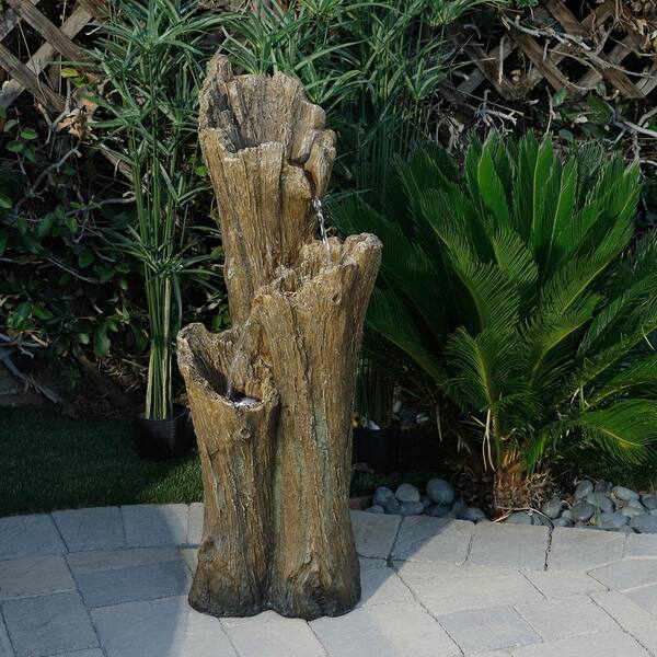 39 in. Tall Outdoor 3-Tier Cascading Tree Bark Water Fountain with LED Lights