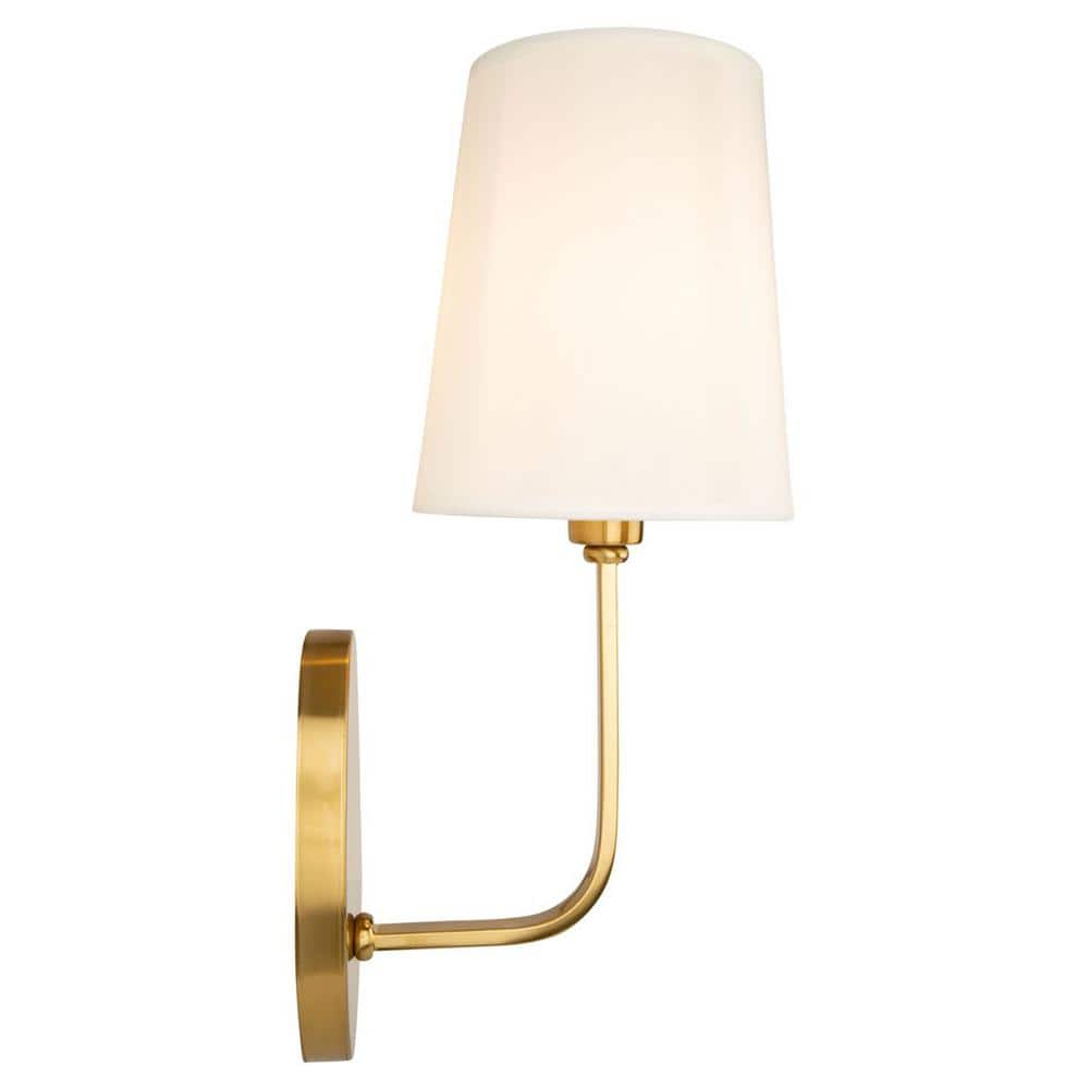 Brushed Gold Cylinder Sconce with White Linen Shade