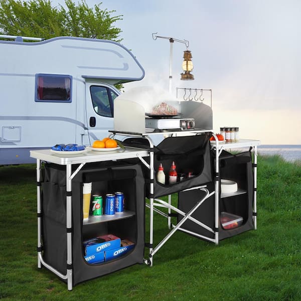 Camping Kitchen Table, Folding Outdoor Cooking Table with Storage Carrying Bag, Aluminum Cook Station 3 Cupboard, Black
