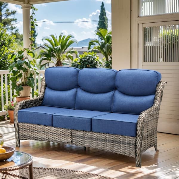 Opohoro Arcadia Gray Wicker Outdoor 3-Seat Couch with High Curved Back and 6 in. Thick Navy Blue Box-Edge Cushions