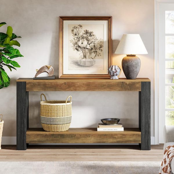 Table Console 135 Cm Tribesigns – 3 Niveaux, Étagères – Design Milieu Du Siècle En Noyer – Pour Salon, Couloir