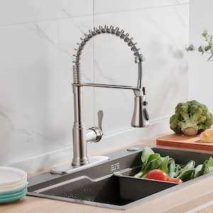 Single Handle Pull Down Sprayer Kitchen Faucet with Deck Plate in Brushed Nickel