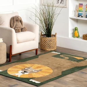 Green Doormat 3 ft. x 5 ft. Tamira Colorful Lion Machine Washable Kids Accent Rug Area Rug