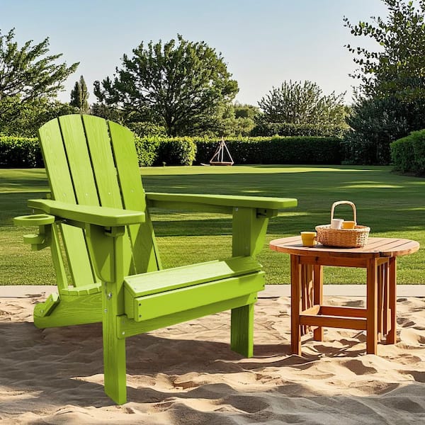JEAREY Weather Resistant Plastic HDPE Outdoor Patio Folding Adjustable Adirondack Chair with Cup Holder in Apple Green