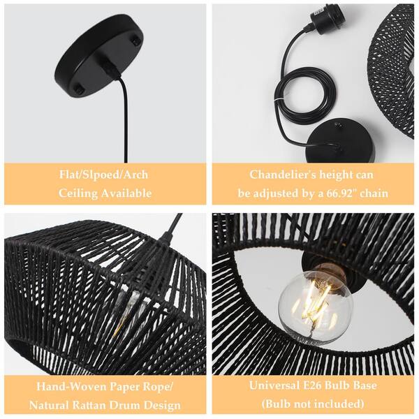 LWYTJO 60-Watt 1-Light Black Dimmable Paper Rattan Lampshade