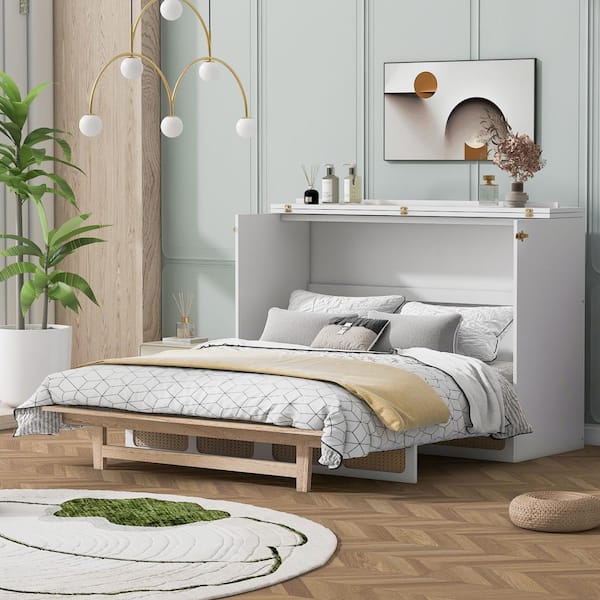 Harper & Bright Designs White Wood Frame Queen Murphy Bed with USB Charging Station, Stylish Cabinet with Large Drawer, Rattan Accents