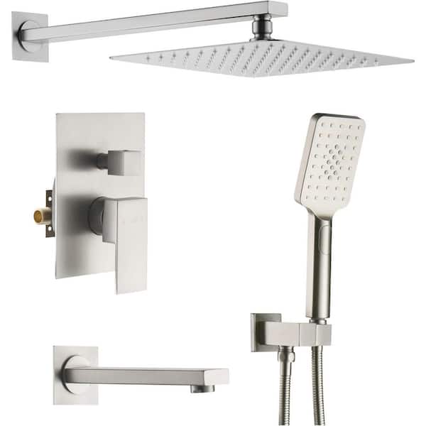 Unbranded Double Handles 1-Spray Cube Wall Mount Shower Faucet 1.8 GPM with Pressure Balance Rough in Valve in Brushed Nickel