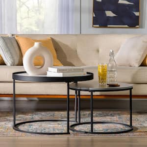 Contemporary 2-Piece 30 in. Grey/White Round MDF Nesting Coffee Table with Metal Base