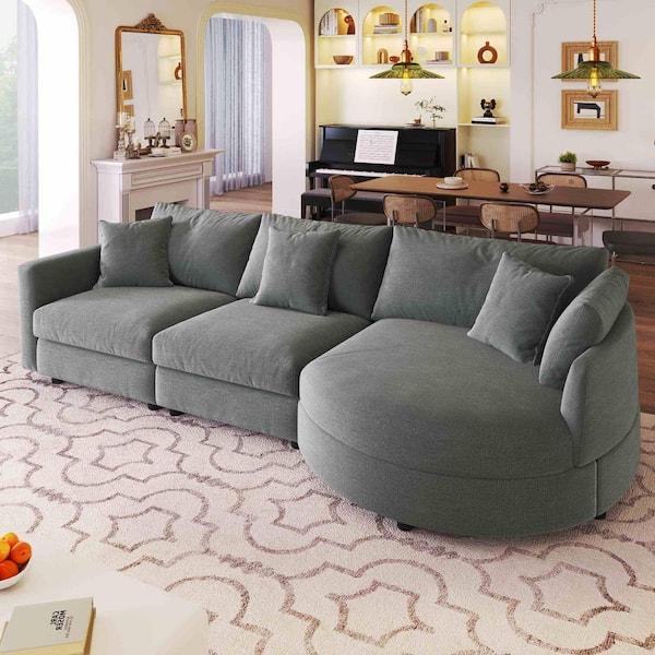 111.4 in. Square Arm Polyester Sectional Sofa with 3-Pillows and Curved Seat in Gray