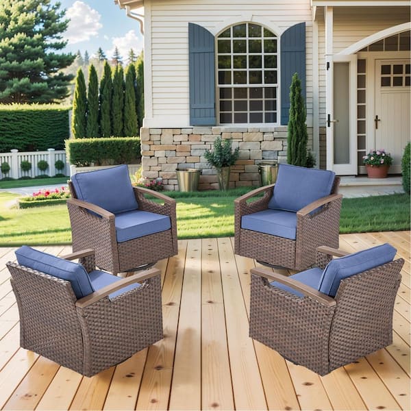 Kelsey Blue 4-Piece All-Weather Brown Wicker Swivel Rocking Chairs with 4 in. Ergonomic Cushions