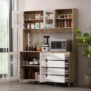 Light Brown Large Kitchen Pantry Cabinet Buffet with 4-Drawers, Hooks, Open Shelves and Glass Doors