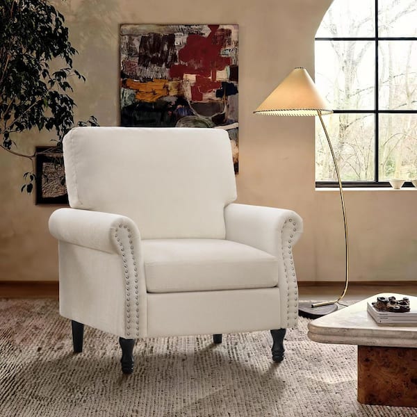 Beige Chenille Upholstered Wood Frame Accent Chair Armchair with Turned Legs and Tufted Rolled Armrests