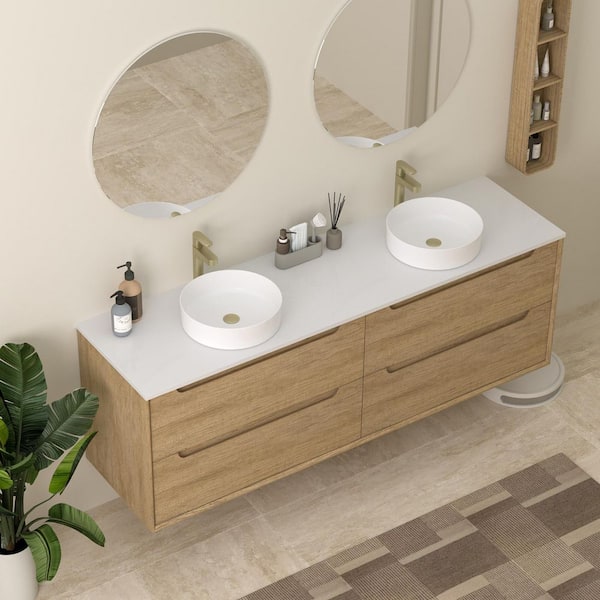 Amara 72 in. Single Round Vessel Sink Floating Natural Oak Bath Vanity with Super White Quartz Top