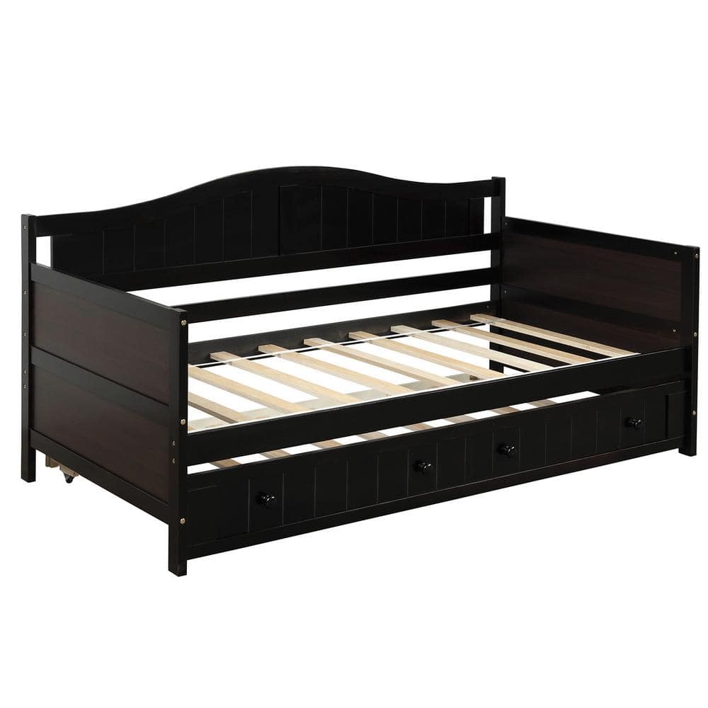 Polibi Espresso Twin Wooden Daybed with Trundle Bed (78.2 in. L x 42.3 in. W x 35.4 in. H), Brown -  RS-TWDOTB-E-PJ