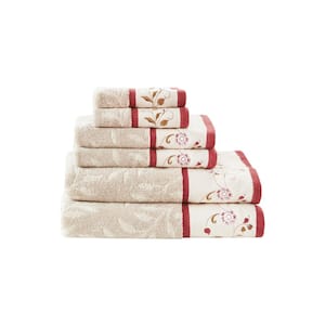 Belle 6-Piece Red Embroidered Jacquard Cotton Bath Towel Set