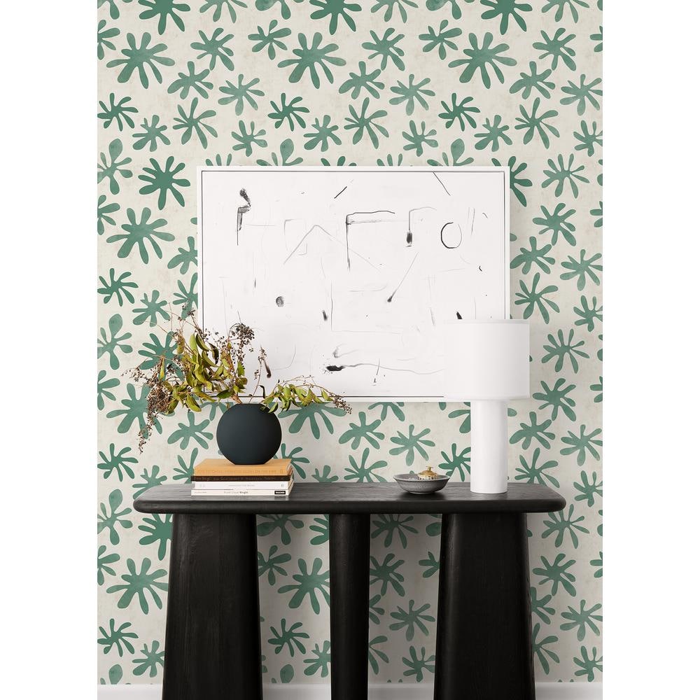 Green and Off-White Vinyl Floral Peel and Stick Wallpaper