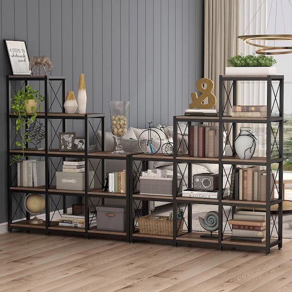 Bella 51.6 in. Rustic Brown Wood 12-Shelf Ladder Bookcase with 9-Cube