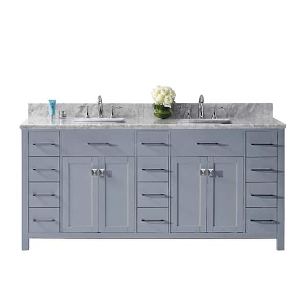Virtu USA Caroline Parkway 72 in. W Bath Vanity in Gray with Marble Vanity Top in White with Square Basin