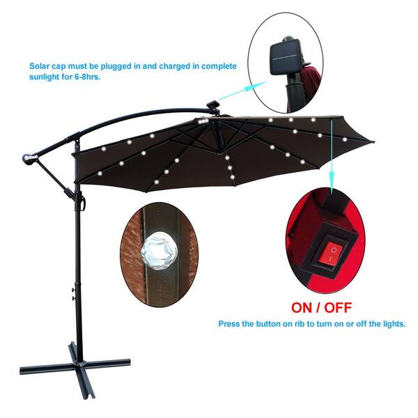 10 ft. Steel Cantilever Solar Powered LED Lighted Patio Umbrella in Chocolate with Crank and Cross Base