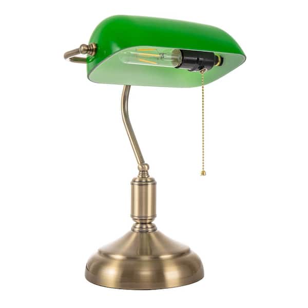 YANSUN 15 in. Task and Reading Elegant White Glass Bankers Lamp with Gold Finish, Pull Chain and Adjustable Shade for Study