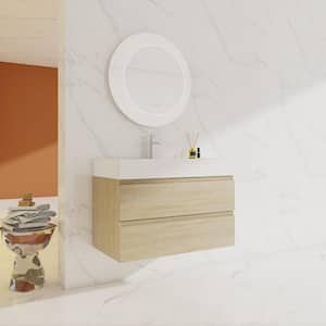 35.4 in. W x 18.10 in. D x 24.44 in. H Single Sink Wall Mount Bath Vanity in Light Oak with White Resin Top