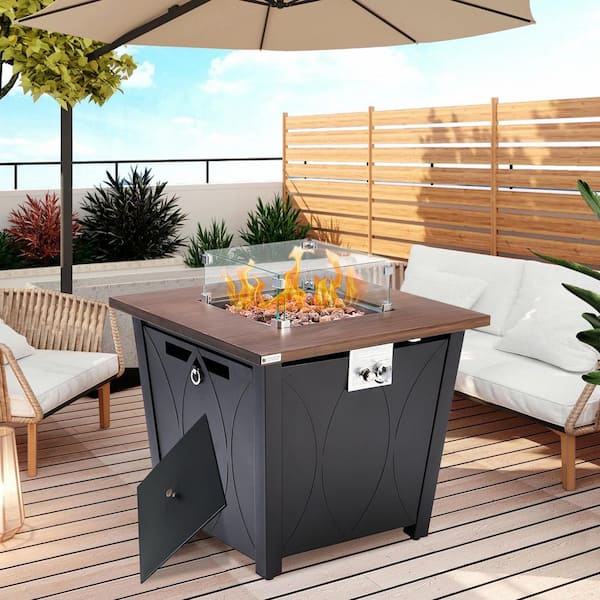 Unbranded 24.4 in. H Rectangle Metal Fire Pit Table with Tempered glass cover and steel cover