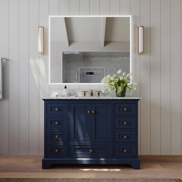 Ancerre Designs Audrey 48 in. W x 22 in. D Bath Vanity in Heritage Blue w/ Marble Vanity Top in White w/ White Basin and Gold Hardware