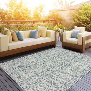 Silveria Sunville Blue/Gray 5 ft. x 8 ft. Entwined Geometric Polypropylene Indoor/Outdoor Area Rug