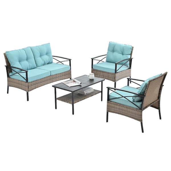 Unbranded 4-Piece Rattan Wicker Patio Conversation Set with Blue Cushions Garden Lawn Furniture