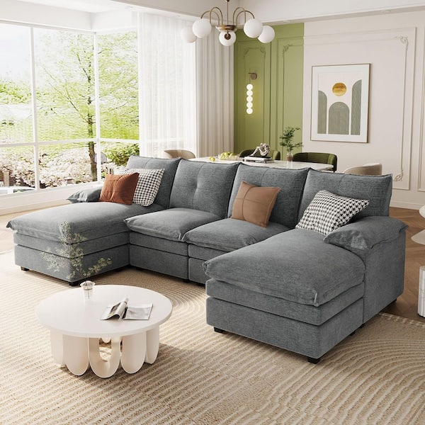 Modern 115.4 in. Pillow Top Arm 4-Piece U-Shaped Chenille Sectional Sofa in Gray with Adjustable Armrest Pillows