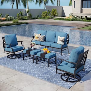 Black 5-Piece Metal Meshed 7-Seat Outdoor Patio Conversation Set with Denim Blue Cushions,2 Swivel Chairs and 2 Ottomans