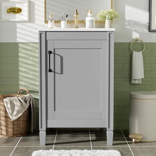 20 in. Single Sink Freestanding Gray Bath Vanity with White Ceramic Top, U-Shaped Shelf, Door Racks, Soft Close Door