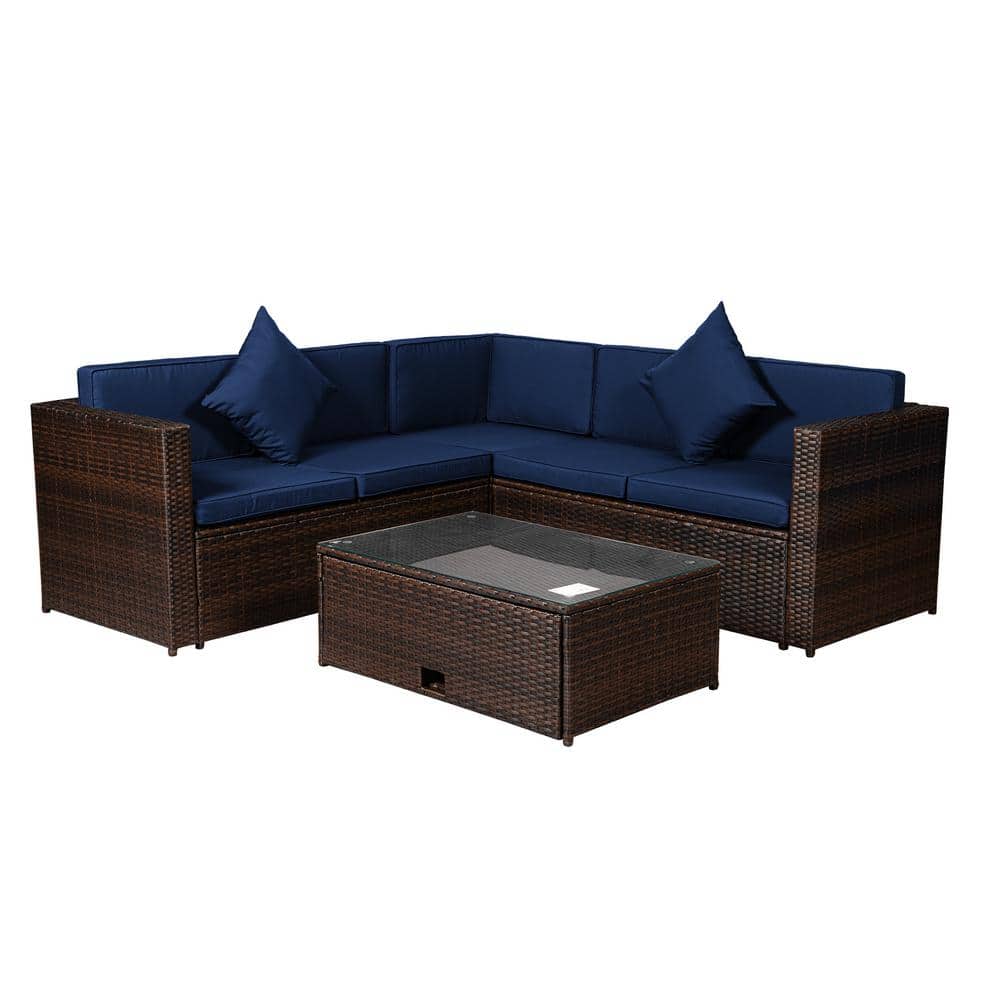 4-Piece PE Rattan Wicker Outdoor Sectional Set with Navy Cushions and Table