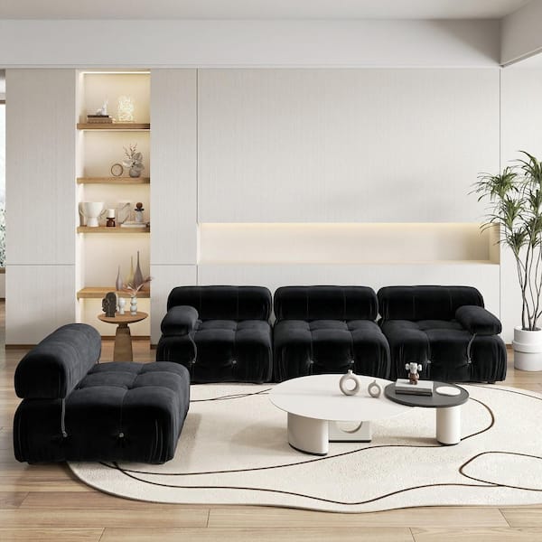 Chameleon 138 in. Square Arm Oversized 4-piece Modern Velvet Modular Combination Sectional Sofa Living Room Set in Black