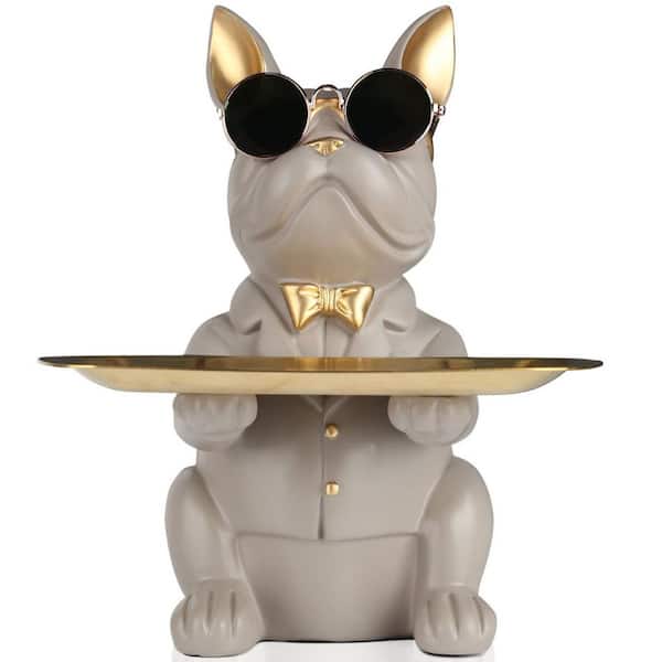 Angel Sar Gray Modern Decor Resin Bulldog Tray Statue, Piggy Bank Tray, Entrance Key Holder, Candy Jewelry Earrings Tray
