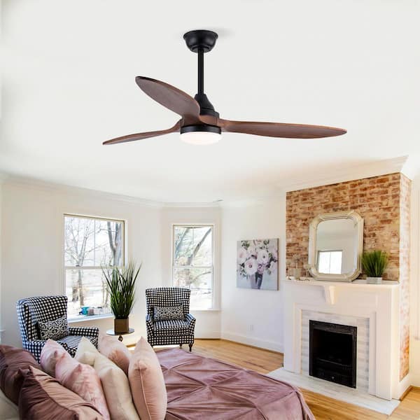 52 in. Dark Walnut Propeller Ceiling Fan with LED Light, Solid Paulownia Wood Blades, Downrod Mount, 3-Color Light