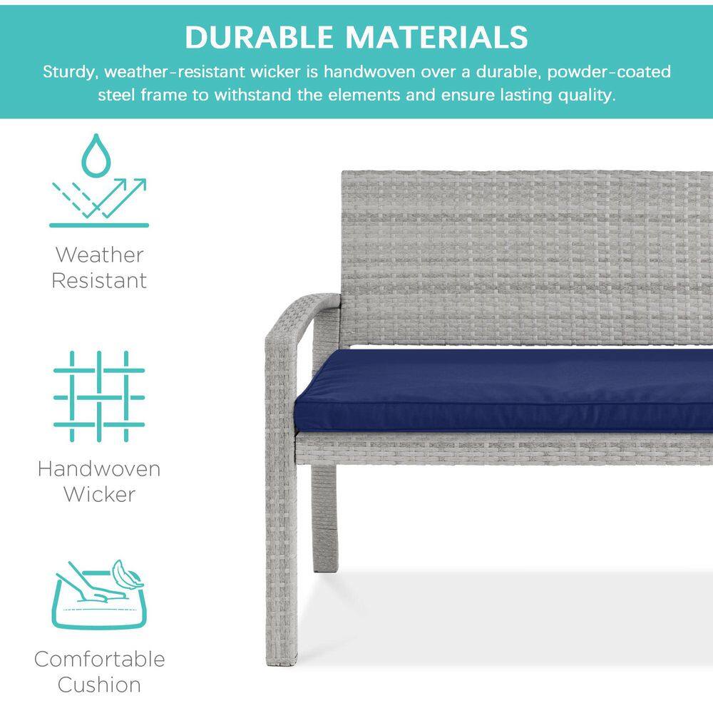Gray Wicker 2-Person Outdoor Bench with Navy Cushion