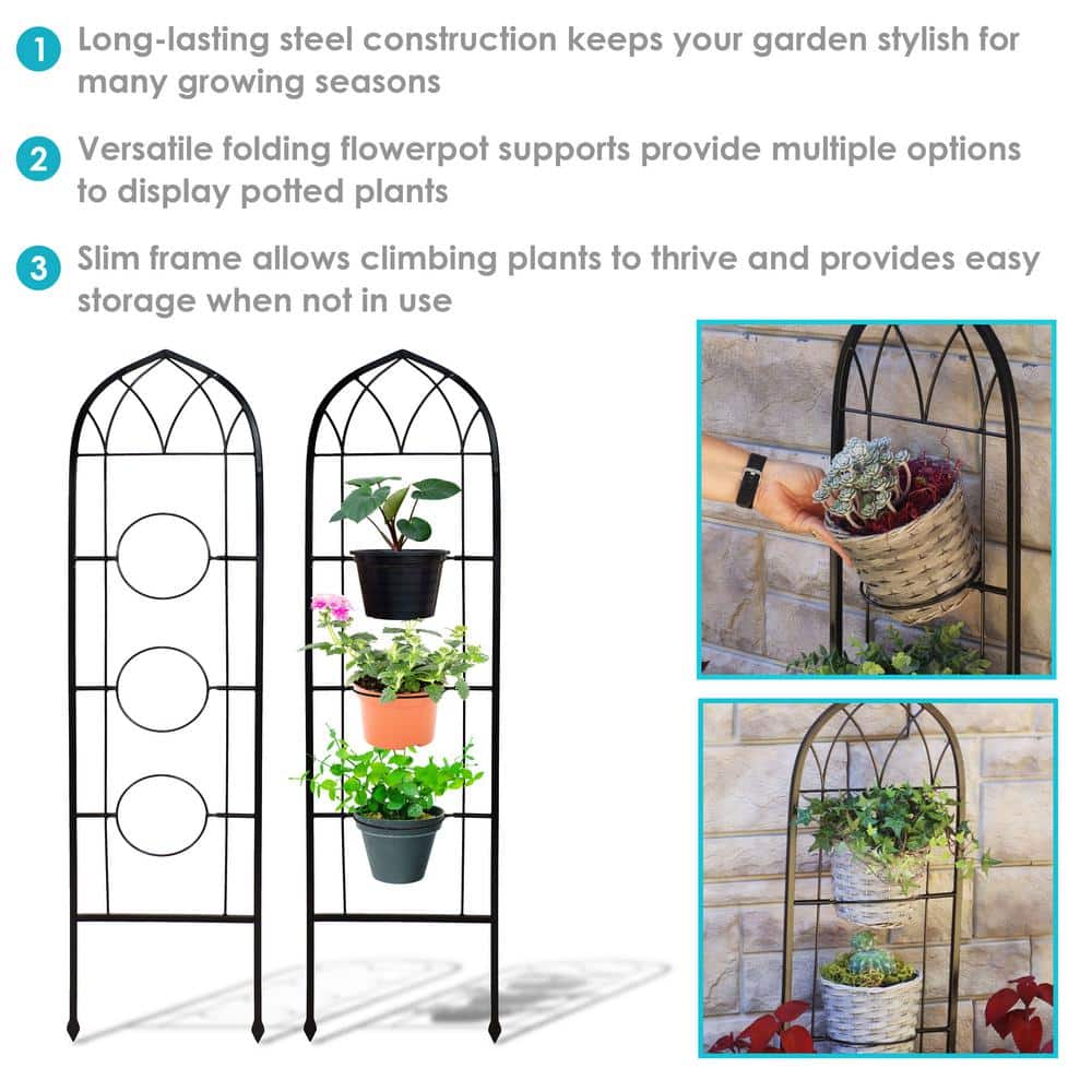 Black Steel Arched Garden Trellis with Flowerpot Supports, Set of 2