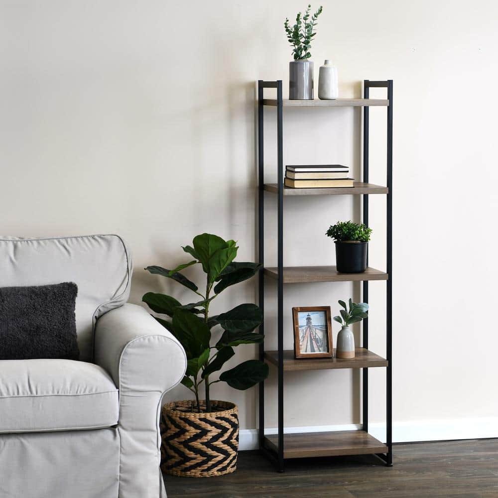 Ashwood Gray 5-Shelf Narrow Bookcase with Black Metal Frame