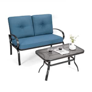 2-Piece Patio Conversation Set with Blue Cushion