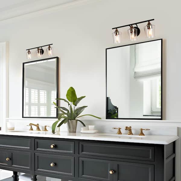 20.5 in. Modern 3-Light Black Bathroom Vanity Lights, Rustic Brass Gold Bath Lighting, Seeded Glass Shade Wall Sconce
