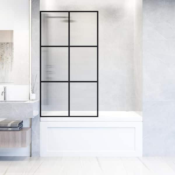 VIGO Ventana 34 in. W x 62 in. H Framed Fixed Tub Screen Door in Matte Black with 3/8 in. (10mm) Fluted Glass