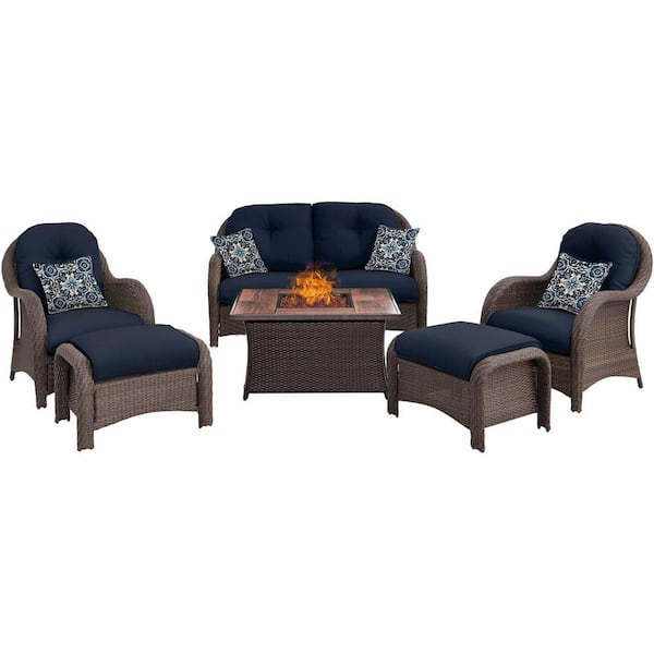 Hanover Newport 6-Piece Woven Patio Seating Set with Wood Grain-Top Fire Pit with Navy Blue Cushions