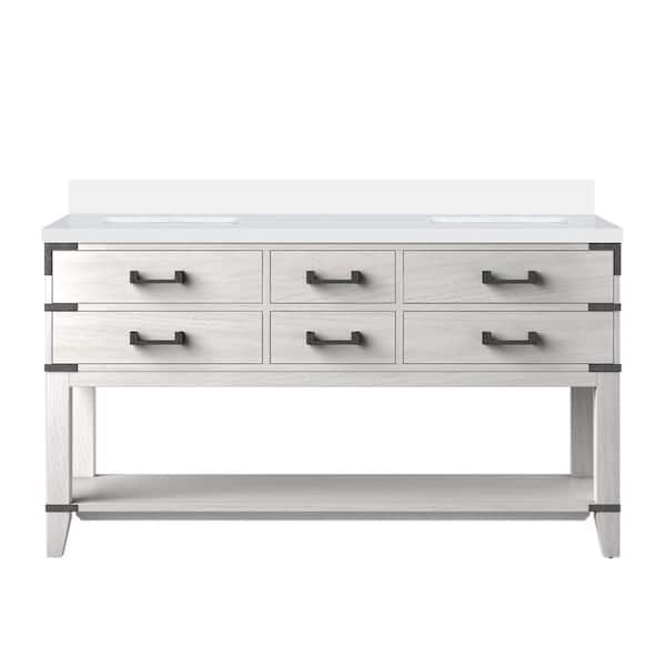 Irvington 60in. W x 22in. D White Oak Double Bath Vanity with White Quartz Top