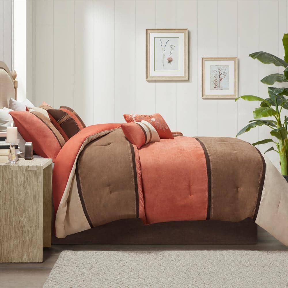 Queen Coral and Brown Microfiber Reversible Comforter Set