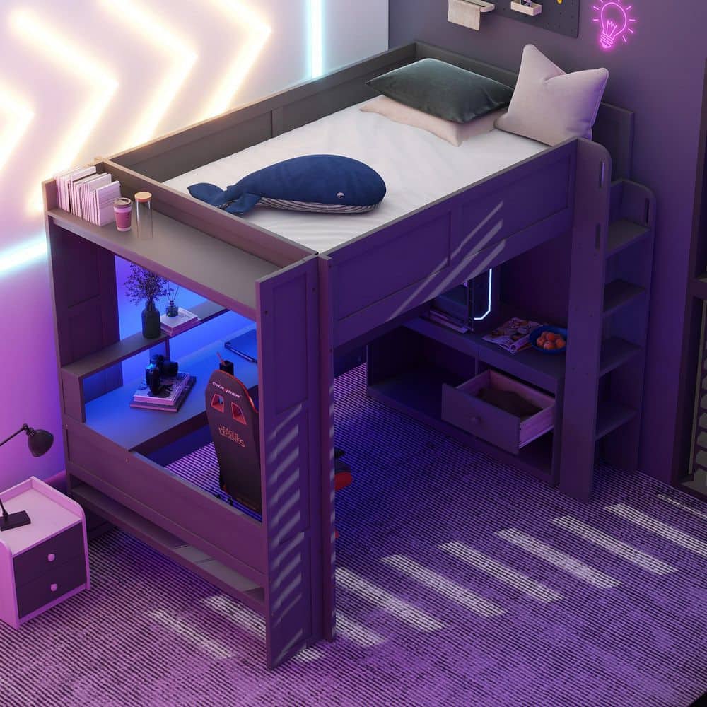 Harper & Bright Designs Gaming Style Gray Full Wood Loft Bed