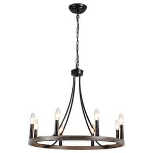 Loene 8-Light Black/Brown Farmhouse Candle Dimmable Wagon Wheel Chandelier for Living Room Kitchen Island Dining Foyer