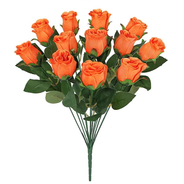 LIVING LUXURY 19.5 in. Orange Artificial Rose Bud Flower Stem Bush Bouquet (Set of 2)